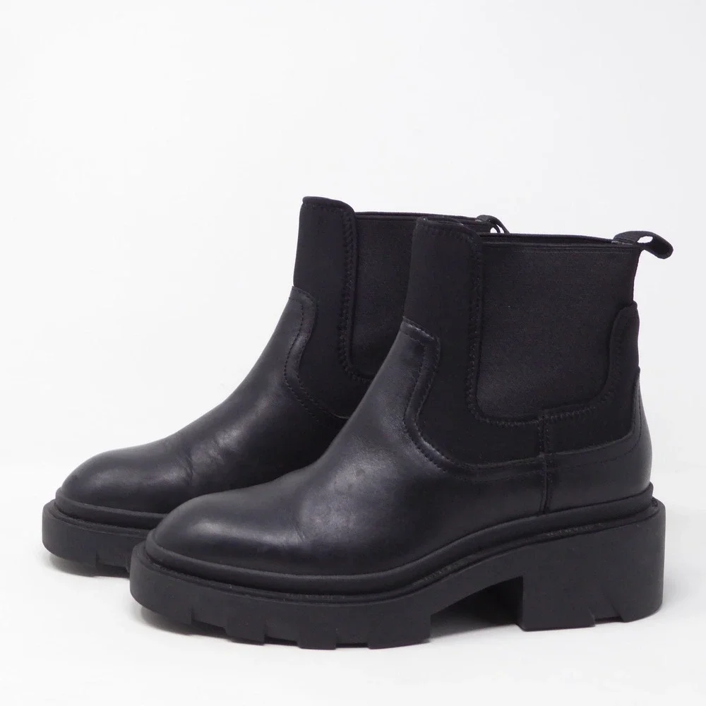 ASH Metro Women Boots Black Leather Lug Sole Chelsea Ankle Boots 36 / 5.5